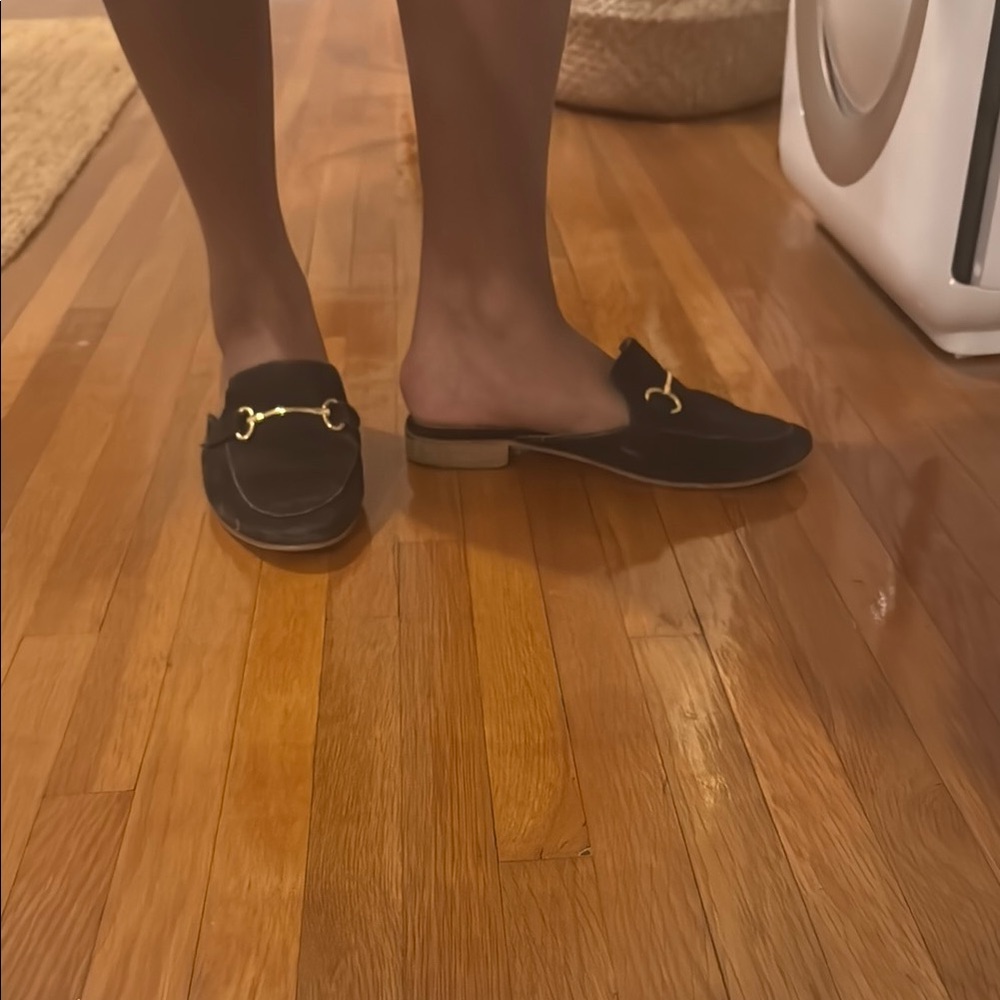 Black and Gold Mules with Metal Accent